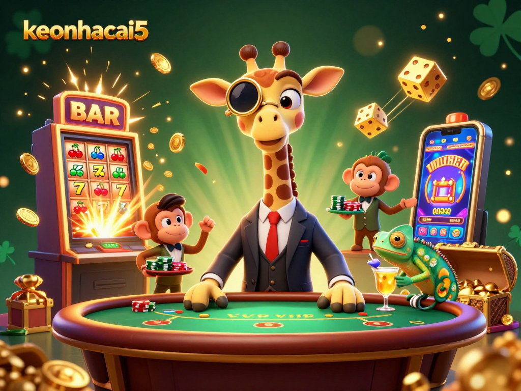 Join the thrilling action at keonhacai5 with a high-roller giraffe, poker excitement, and jackpot celebrations!