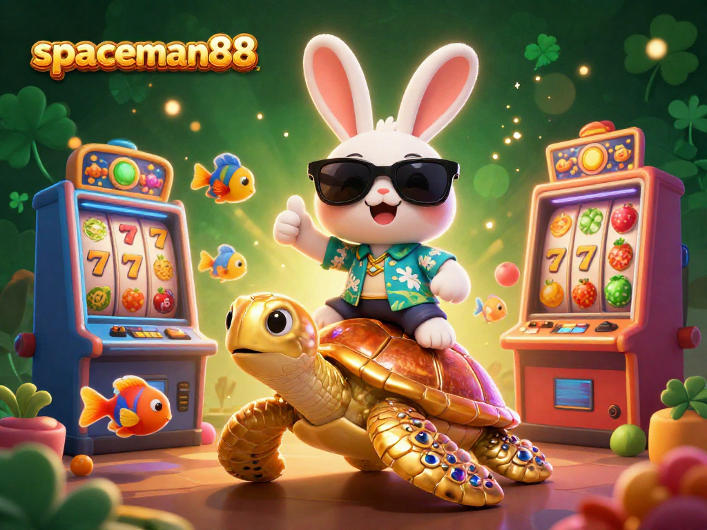 Engage with the thrilling spaceman88 slot experience featuring a lucky rabbit and a gem turtle in this vibrant casino scene.