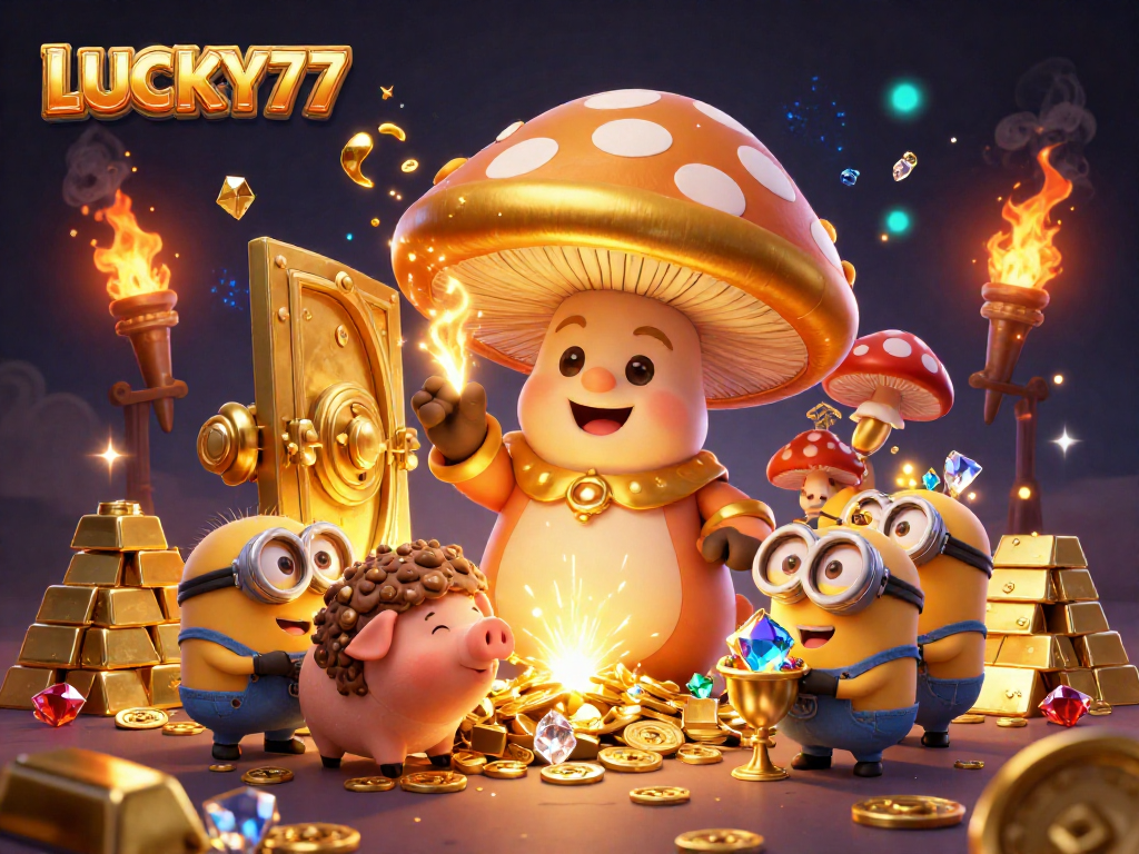 Experience the magic of LUCKY77, where gold and treasures shine in a vibrant casino illustration.