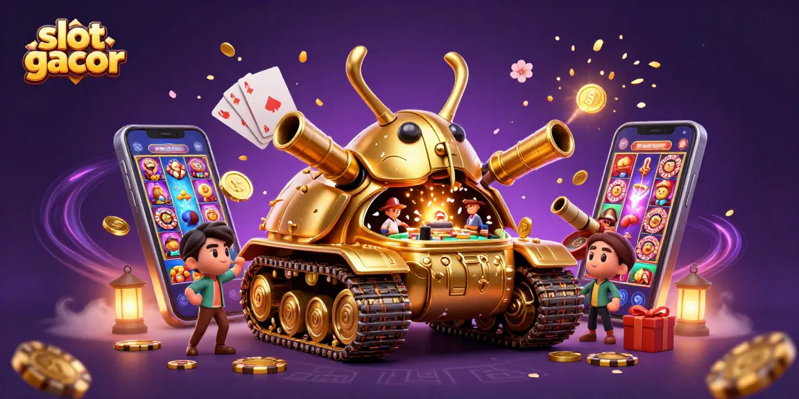 Permainan slot gacor dengan tank keong emas dan kasino mini di dalamnya, berputar dan menembakkan koin.