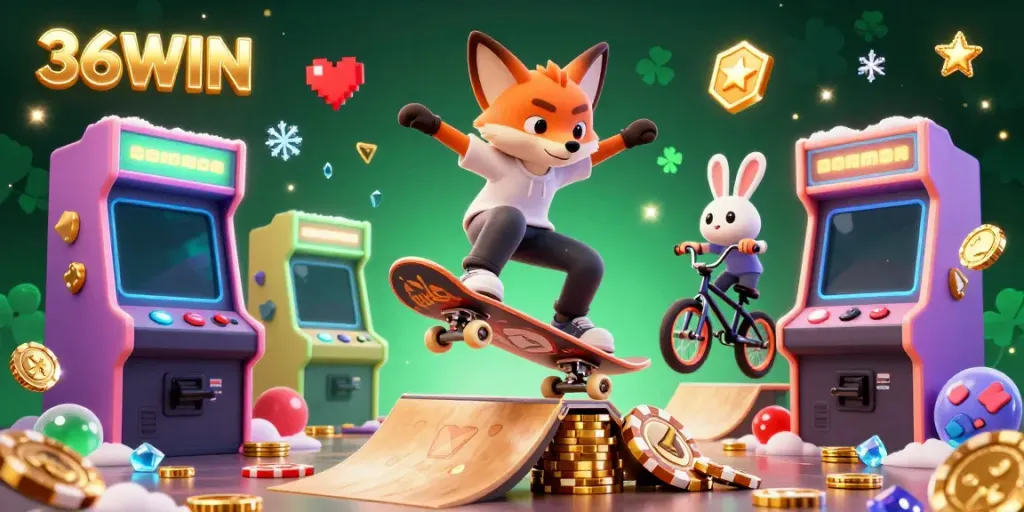 Experience thrilling gameplay at 36WIN with a vibrant, action-packed scene featuring a cartoon fox and rabbit.
