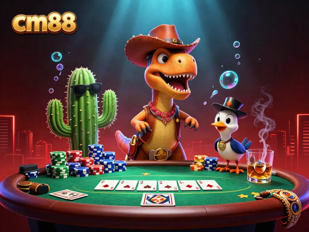 Experience thrilling poker action visuals with cm88, featuring a cowboy dinosaur and vibrant chips.