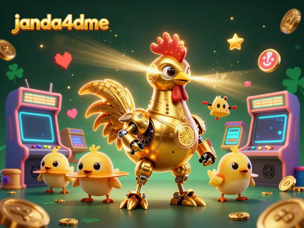 Grafik janda4dme yang menggambarkan robot ayam emas futuristik dan drone ceria dalam suasana kasino.