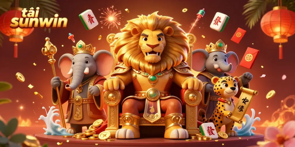 Experience the thrill of tải sunwin through this vibrant animated scene showcasing lion, elephant, and cheetah characters.