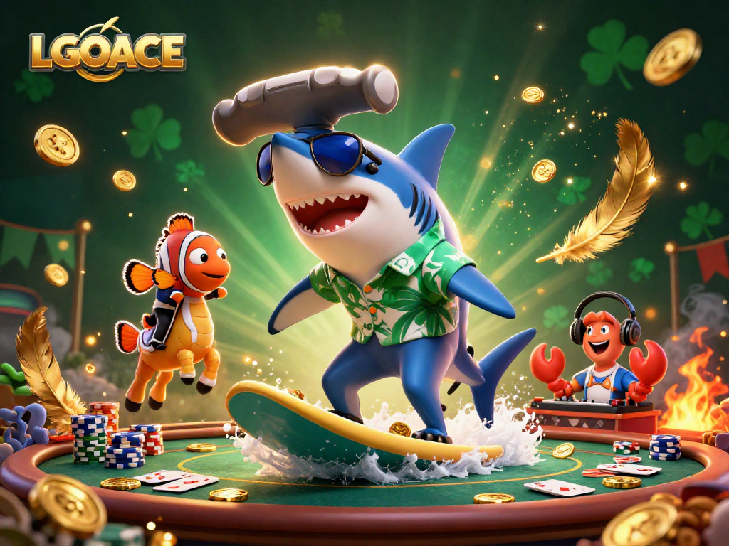 LGOACE offers an exciting scene with a shark and friends at a poker table amidst gold coins.
