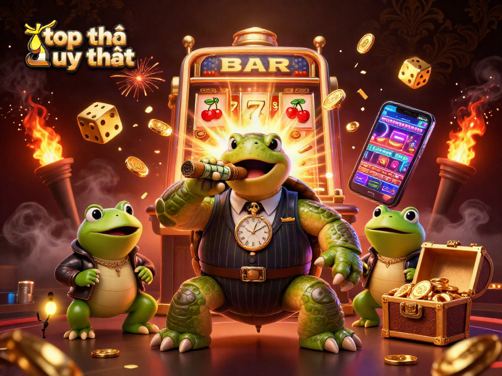 Experience the thrill of top nhà cái uy tín with a vibrant 3D casino scene featuring a snapping turtle and bullfrog enforcers.