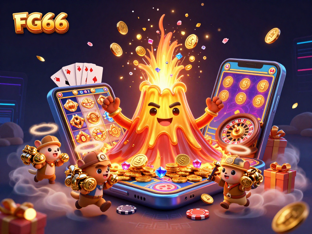 Engage with FG66 through an explosive 3D volcano scene filled with casino elements and treasures.