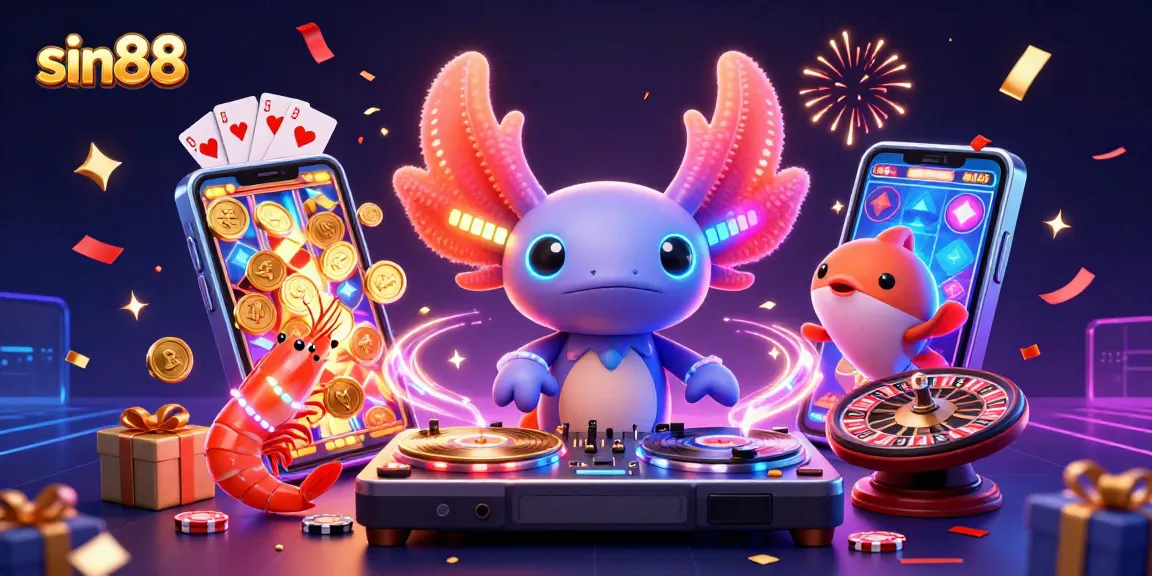 Engage in thrilling gameplay with sin88 as a vibrant axolotl DJ spins records amidst festive casino elements.
