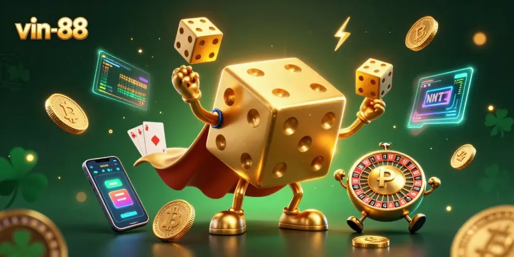 Experience thrilling gameplay at vin-88 with 3D golden dice characters playing and juggling casino elements.