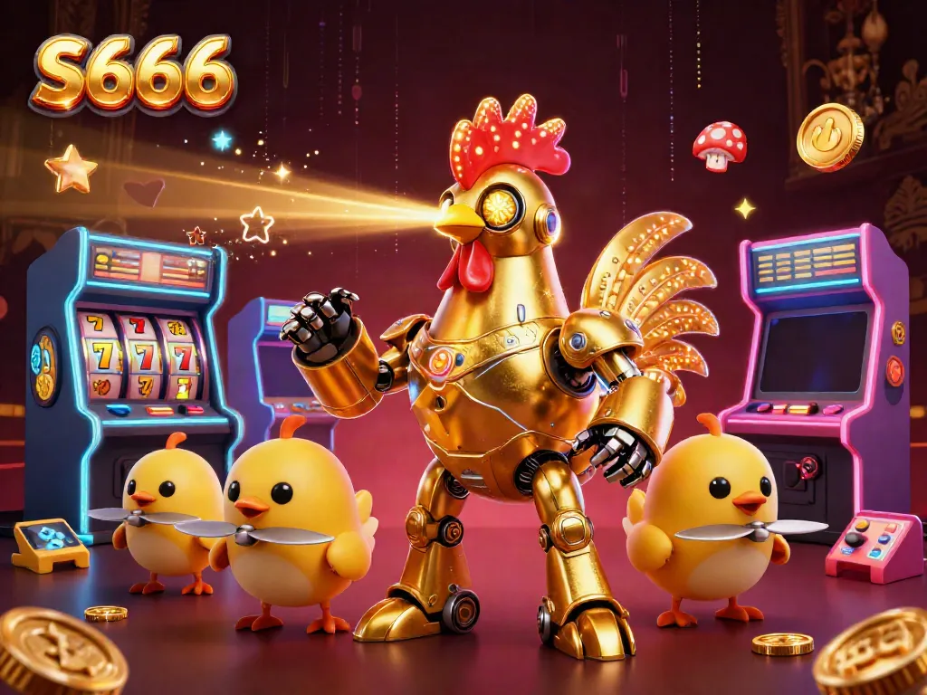 Experience thrilling gaming action with S666's vibrant robot scene filled with colorful casino elements.