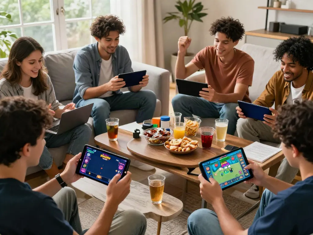 Players enjoying the Rumble Rummy app in a vibrant gaming atmosphere.