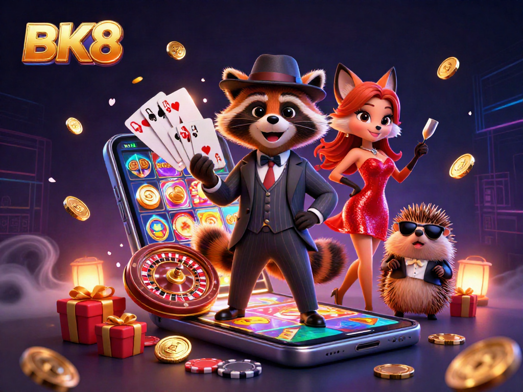 Experience the thrill of BK8 with a suave raccoon holding a royal flush amidst dynamic casino elements.