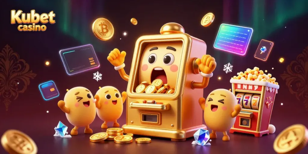 Kubet casino showcases a slot machine celebrating its jackpot with gold coins pouring, surrounded by cheerful characters.