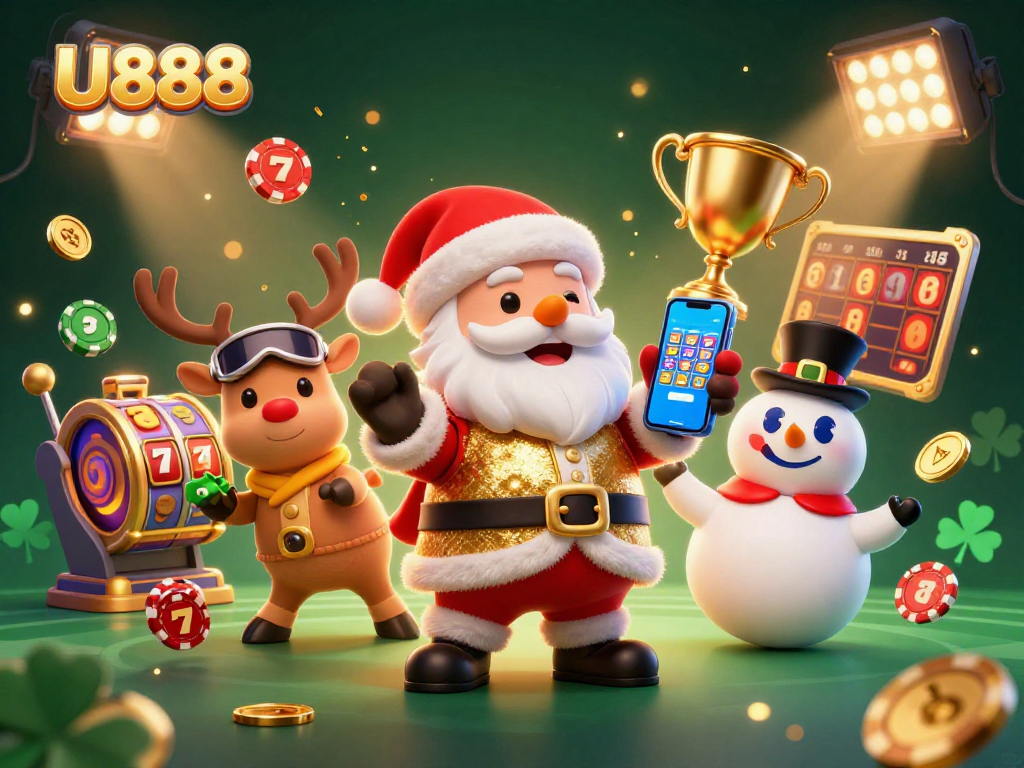 Experience the excitement at U888 as Santa Claus spins slots with festive flair, surrounded by animated gaming elements.