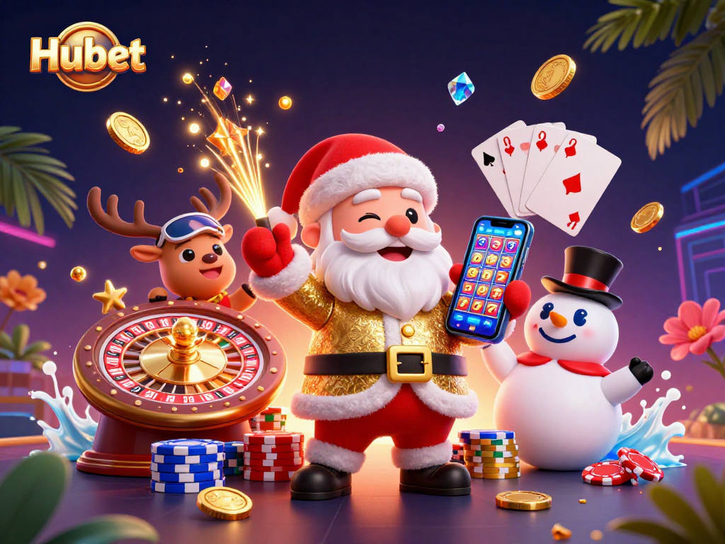 Spin and win at Hubet with Santa, his reindeer dealer, and a poker chip snowman