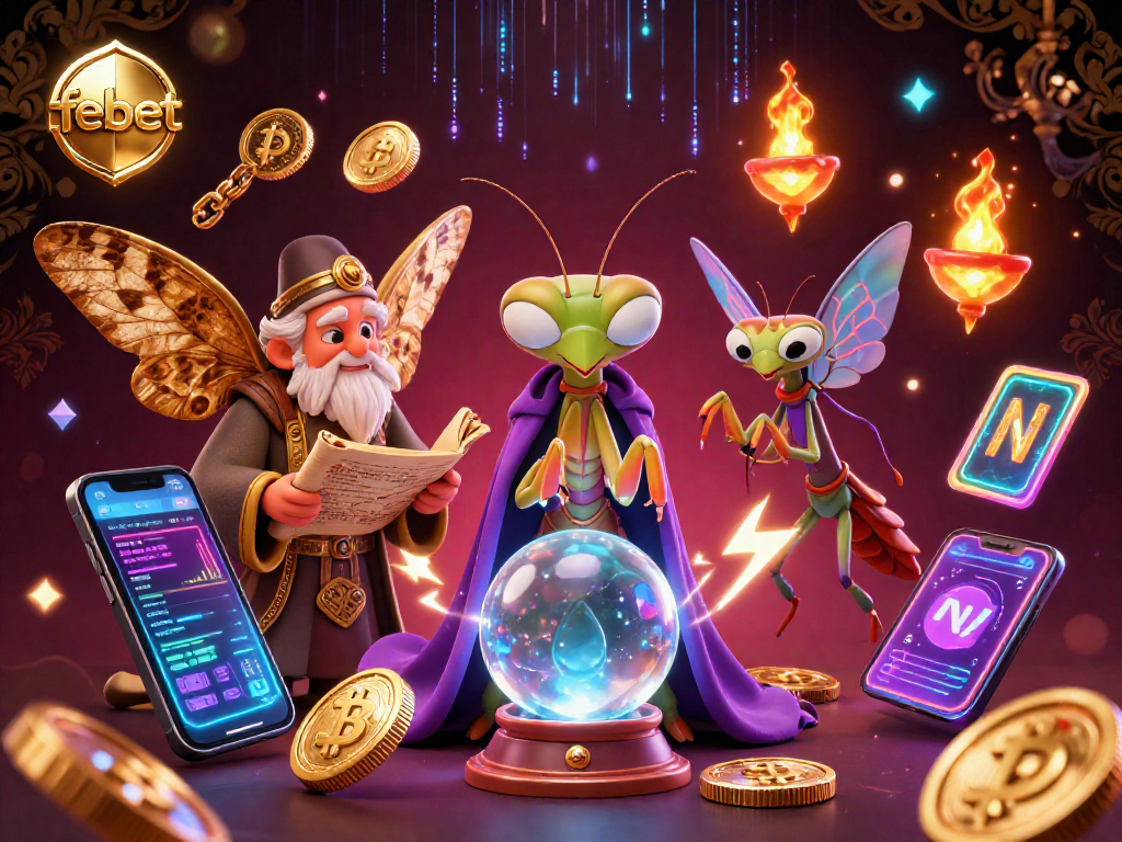 Experience thrilling fortune-telling with febet, featuring mystical characters and vibrant crypto elements in a dynamic scene.