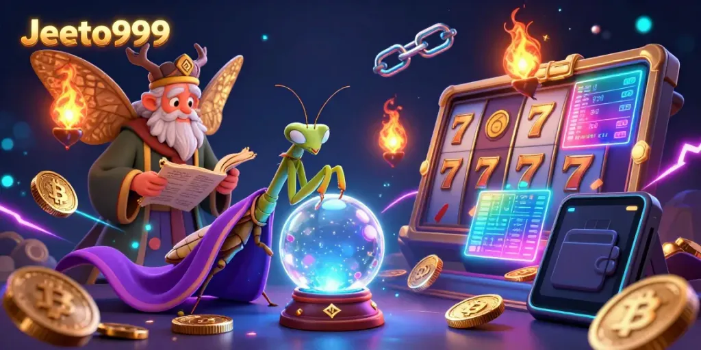 Experience thrilling gaming with Jeeto999 in this vibrant 3D casino scene featuring a mystical fortune teller.