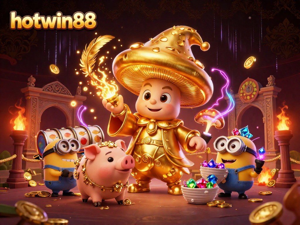 Spin to win with hotwin88's vibrant gambling scene showcasing slots, gold coins, and exciting characters.