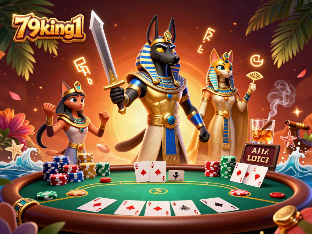 Join the excitement of 79king1 while playing poker with Anubis and Bastet in a vibrant casino setting.