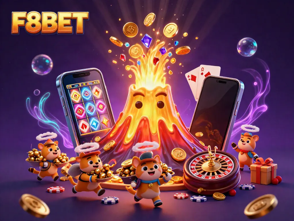 F8BET's golden volcano erupts with treasure and games, showcasing a vibrant casino scene.