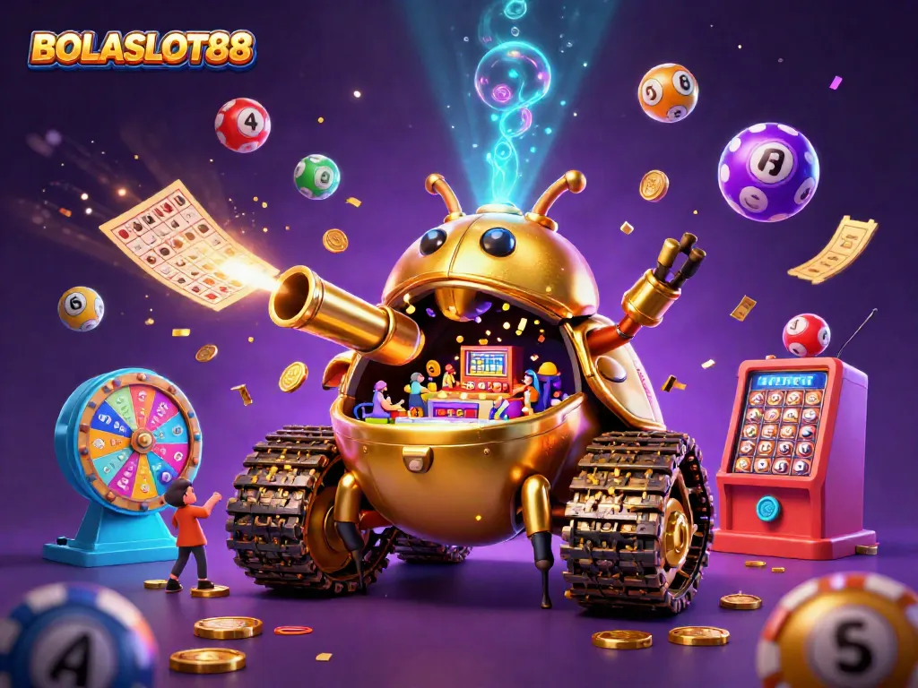 BOLASLOT88's golden beetle tank casino features tiny patrons amidst dynamic lottery balls and prizes.