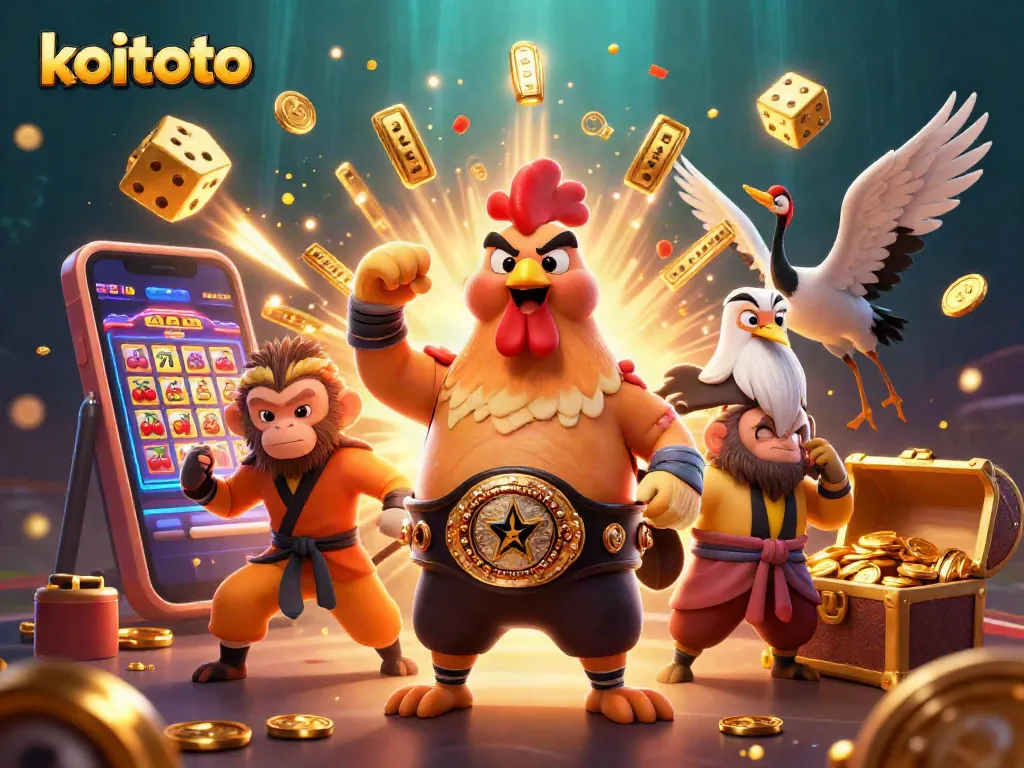Memenangkan jackpot dengan koitoto, mesin slot dan karakter unik dalam ilustrasi menyenangkan.