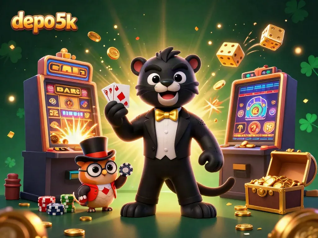 Engage with the thrilling world of depo 5k slots featuring vibrant characters, a jackpot explosion, and casino gameplay elements.