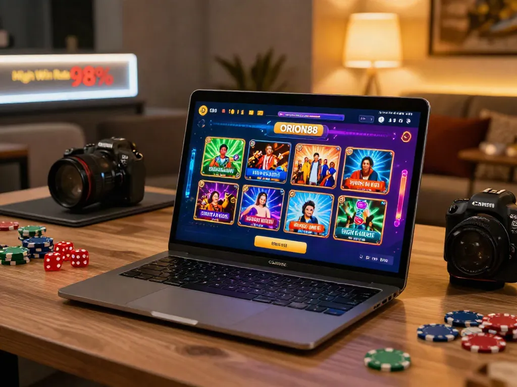 Engaging ORION88 interface on a smartphone in a cozy gaming setup with vibrant colors and props.