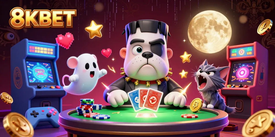 Engaging scene of a 3D monster dealer at 8KBET, bringing gaming thrills alive with neon elements.