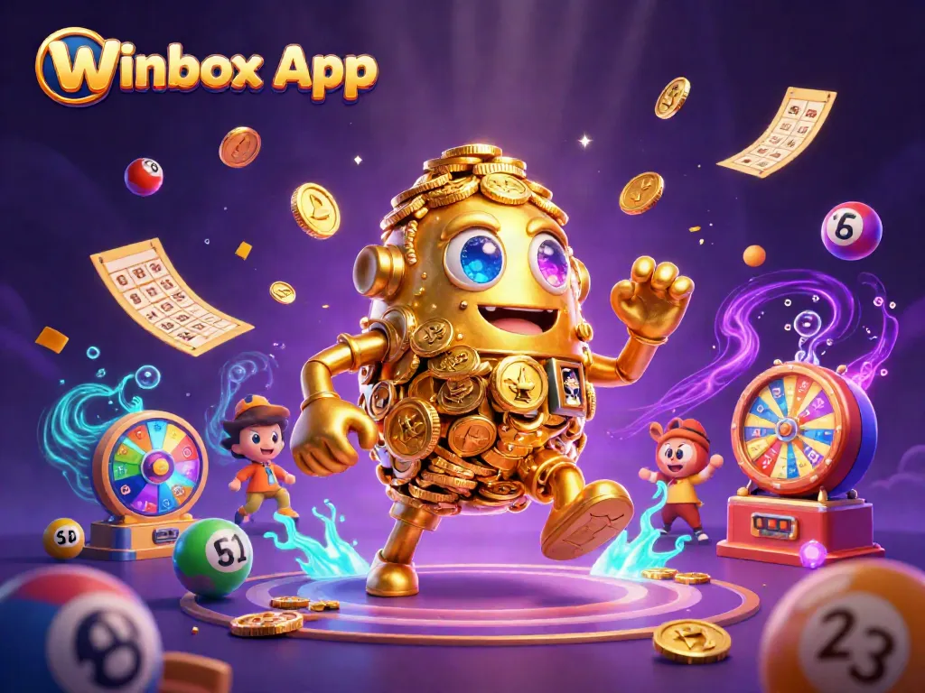 Winbox App unfolds exciting casino challenges with animated golden golem and vibrant lottery elements.