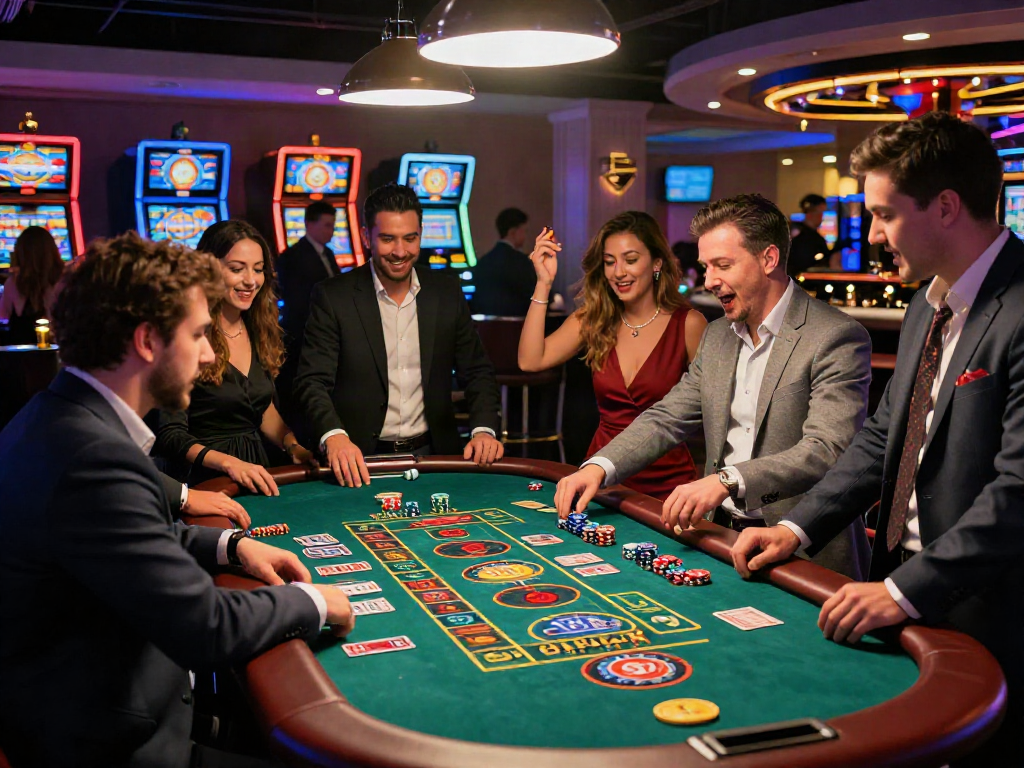 Engaged players enjoying hargatoto at a lively casino table, vibrant atmosphere.