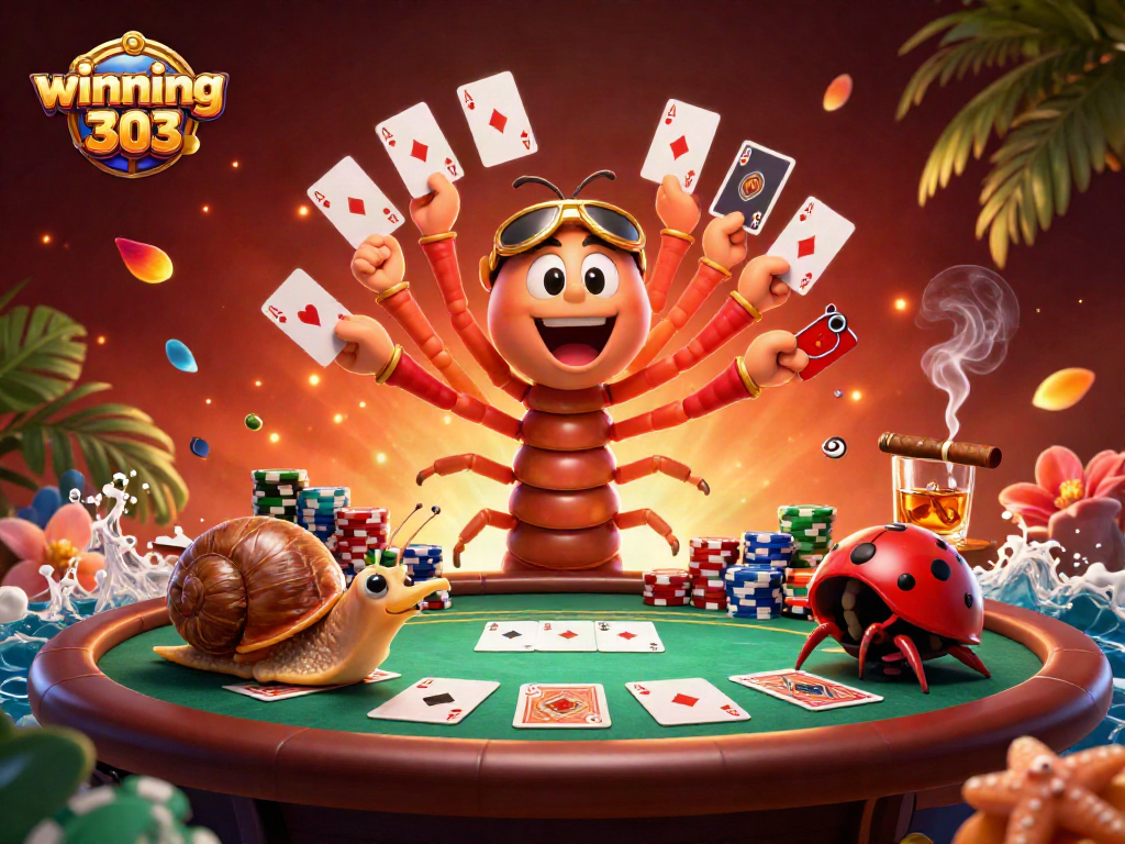 Winning303 celebrates poker excitement with a vibrant cartoon scene showcasing a millipede dealer and high-roller snail.