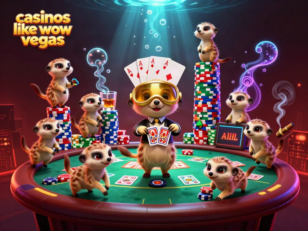 Experience casinos like wow vegas with an animated meerkat casino scene featuring poker games.