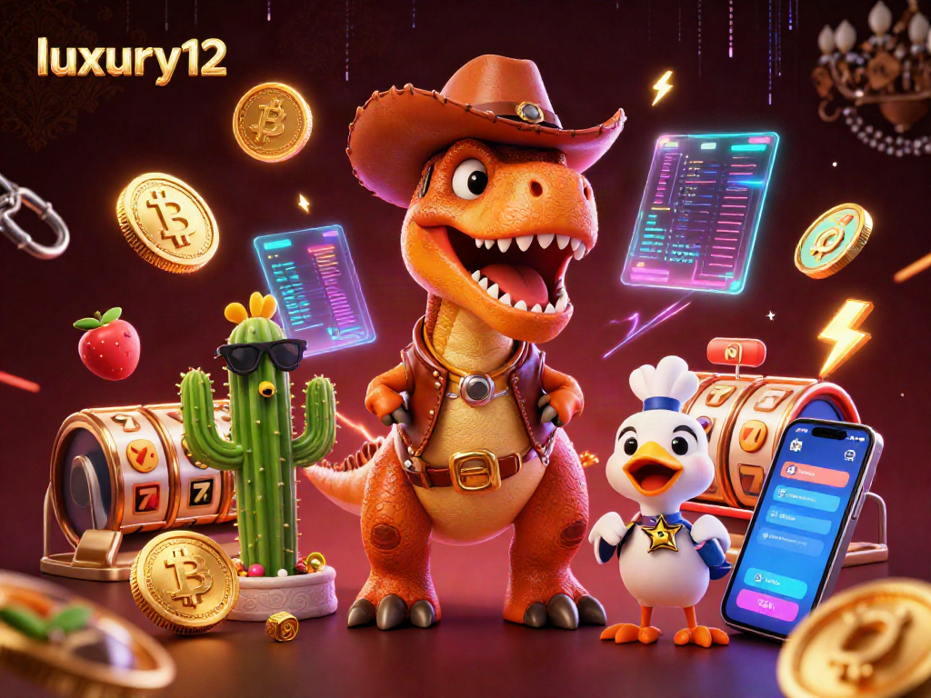 Experience luxury12 gameplay with a vibrant 3D scene featuring a cowboy dinosaur and crypto symbols.