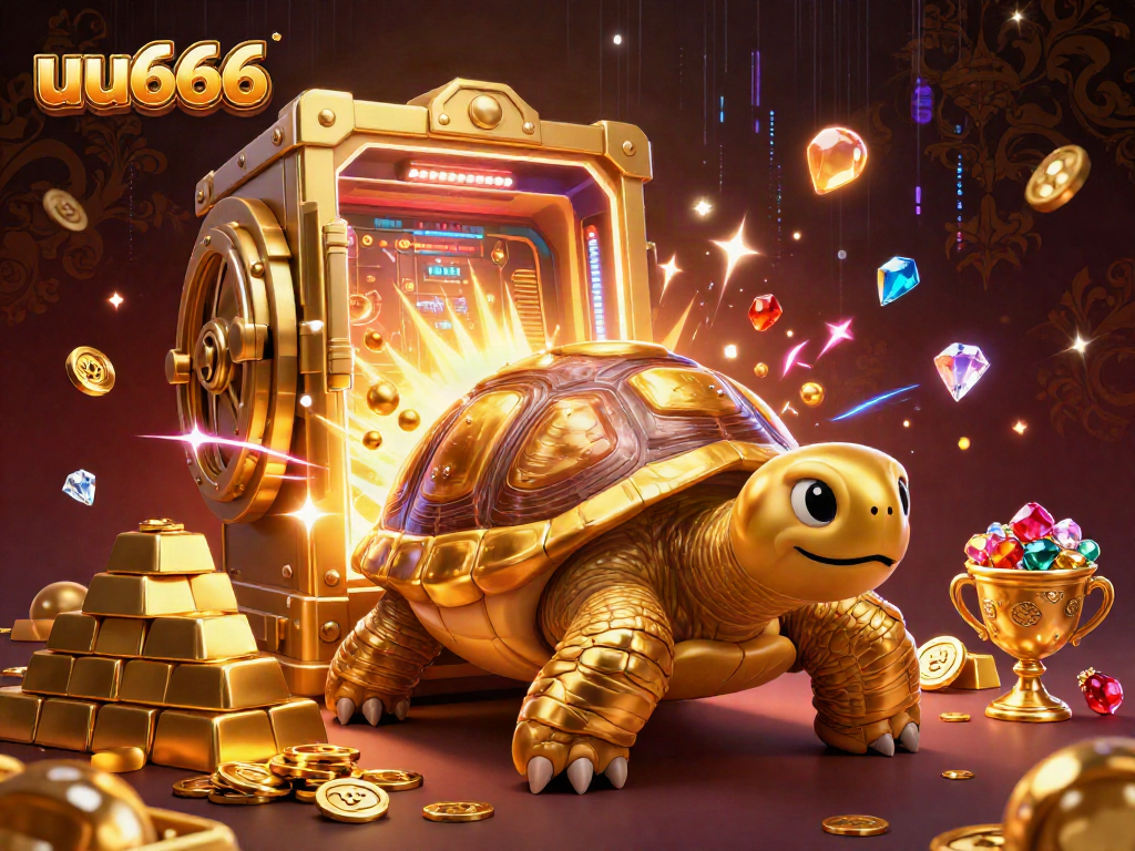 Experience the excitement of uu666 with a colossal tortoise, gold treasures, and vibrant casino elements.