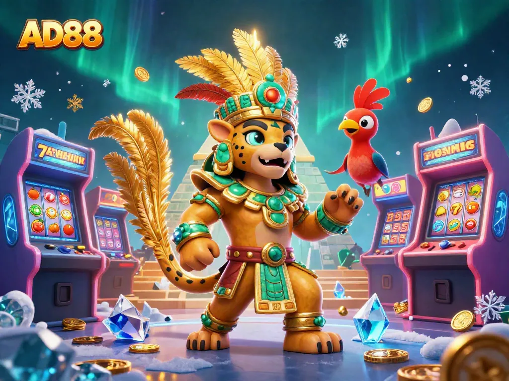 Engage with the vibrant world of AD88 through a dynamic casino scene featuring a Mayan jaguar priest.