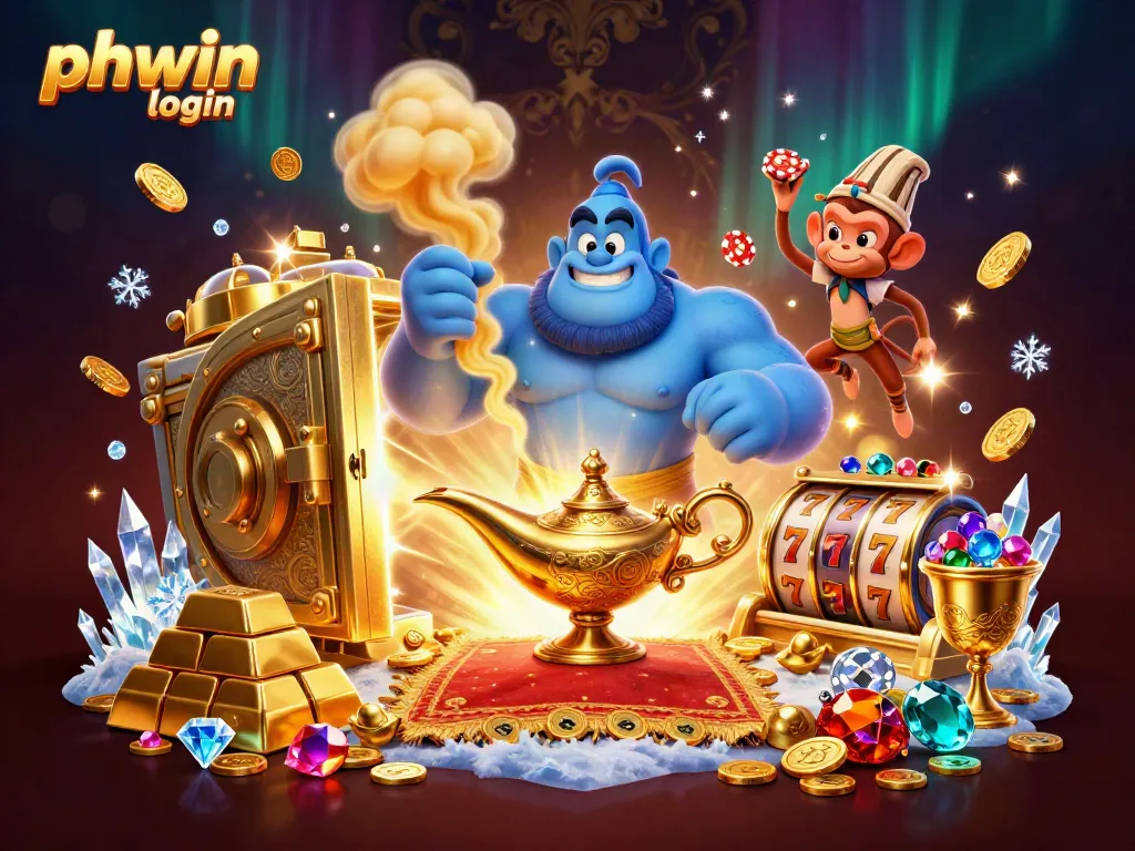 Engage in the thrilling phwin login experience, surrounded by a magical online casino environment filled with treasures.
