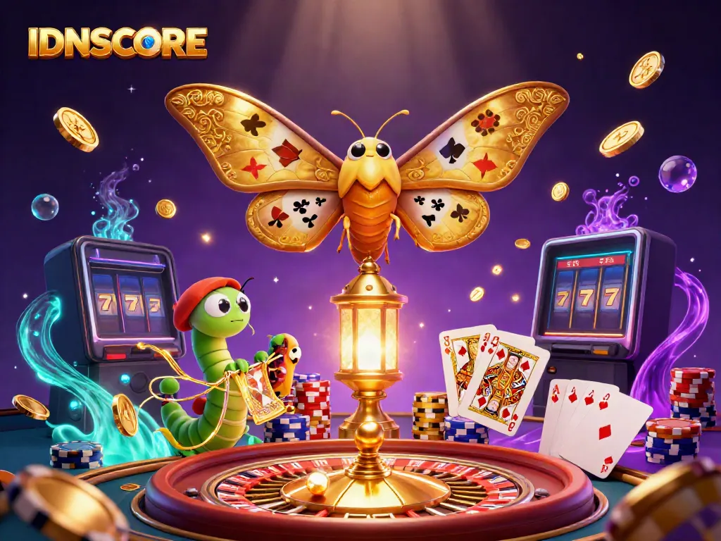 Experience the excitement of IDNSCORE with a dazzling 3D casino scene featuring golden motifs and vibrant gaming elements.