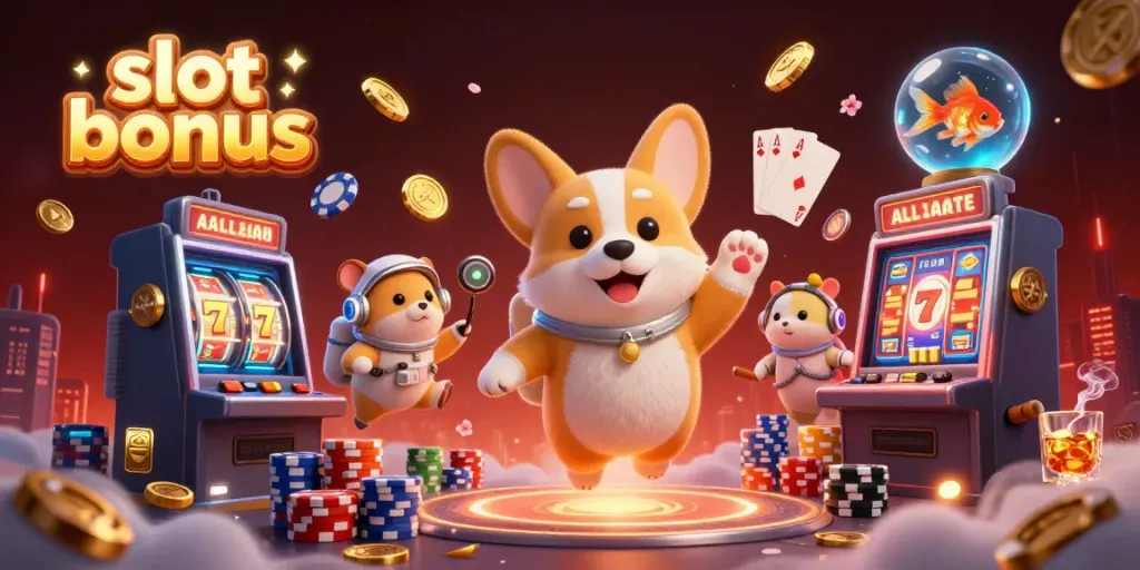 Experience exciting slot bonuses with playful cartoon characters in a vibrant casino scene.
