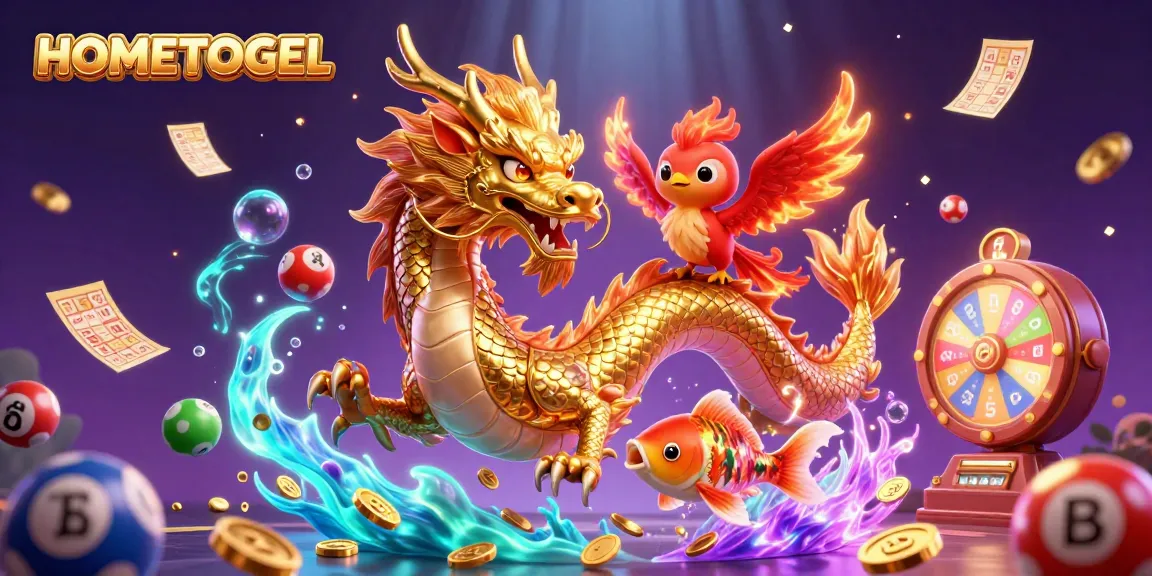 Experience the excitement of HOMETOGEL with a dynamic 3D scene featuring a powerful dragon and lottery elements.