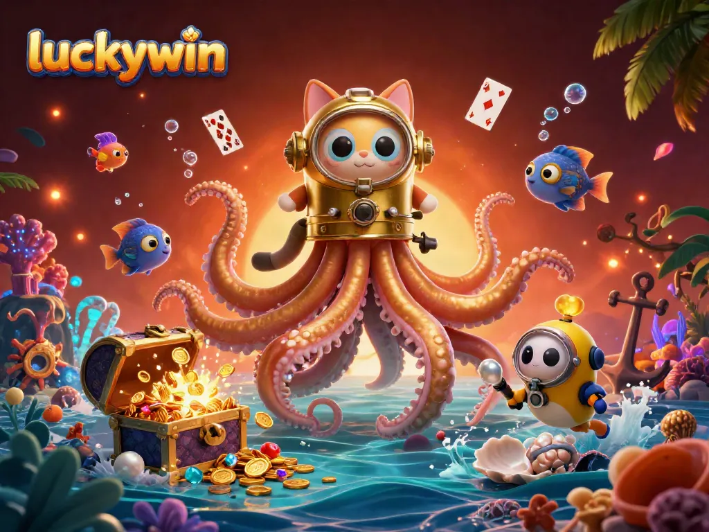 Experience thrilling wins at luckywin with a vibrant underwater adventure featuring a golden tentacled kraken.