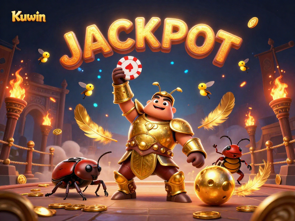 Kuwin offers a vibrant casino scene with a victorious beetle lifting a poker chip and fireflies spelling JACKPOT.