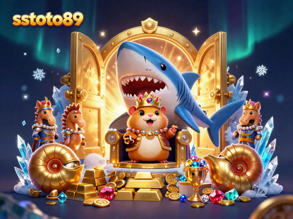 Sstoto89 menghadirkan ilustrasi kasino digital 3D dengan raja hamster bertakhta di rahang hiu raksasa, dikelilingi harta karun dan elemen slot.