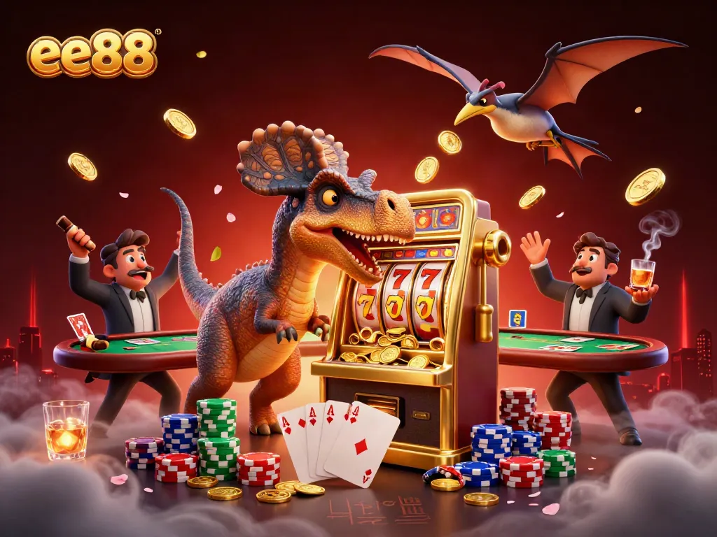 Experience ee88 with a pachycephalosaurus hitting a slot machine, flying coins all around.