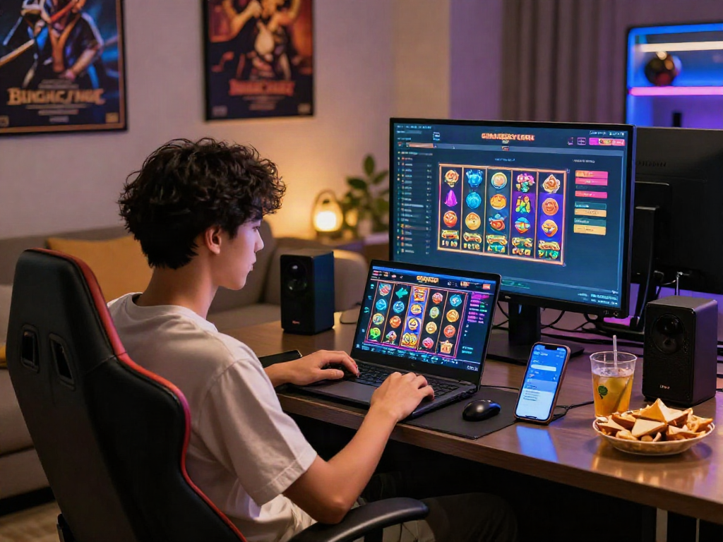 User enjoying a vibrant slot gacor game on laptop, surrounded by snacks and relaxing décor.