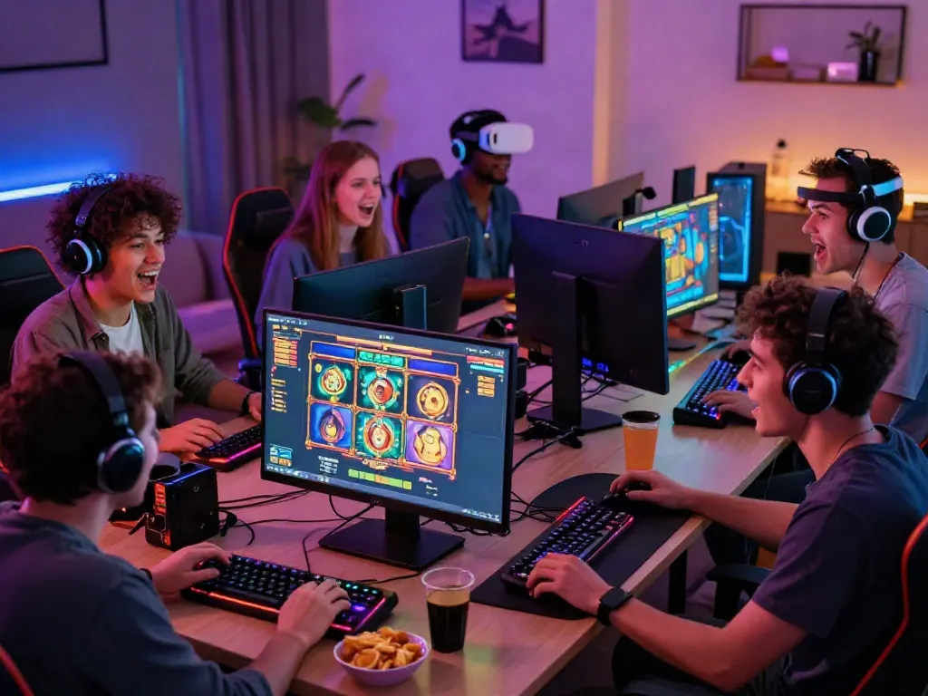 Friends enjoying ทดลองสล็อต on a gaming setup, showcasing excitement and colorful graphics.