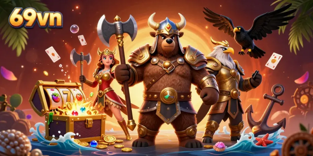 Engage with 69vn's exciting world of slots featuring Viking characters amidst gold coins and treasures.