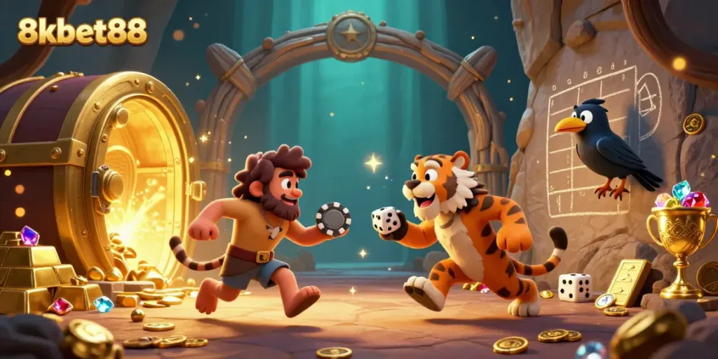 Bet and win at 8xbet88 in a lively prehistoric casino with gold treasures and exciting elements.