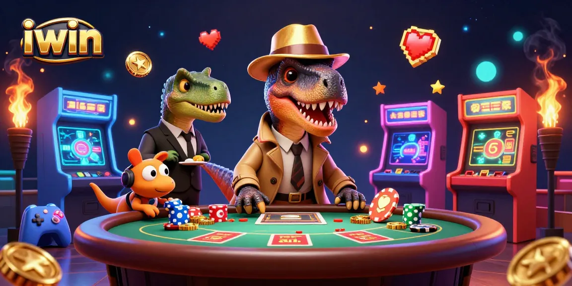 Play exciting games with iwin in a vibrant 3D casino featuring a velociraptor at a blackjack table.