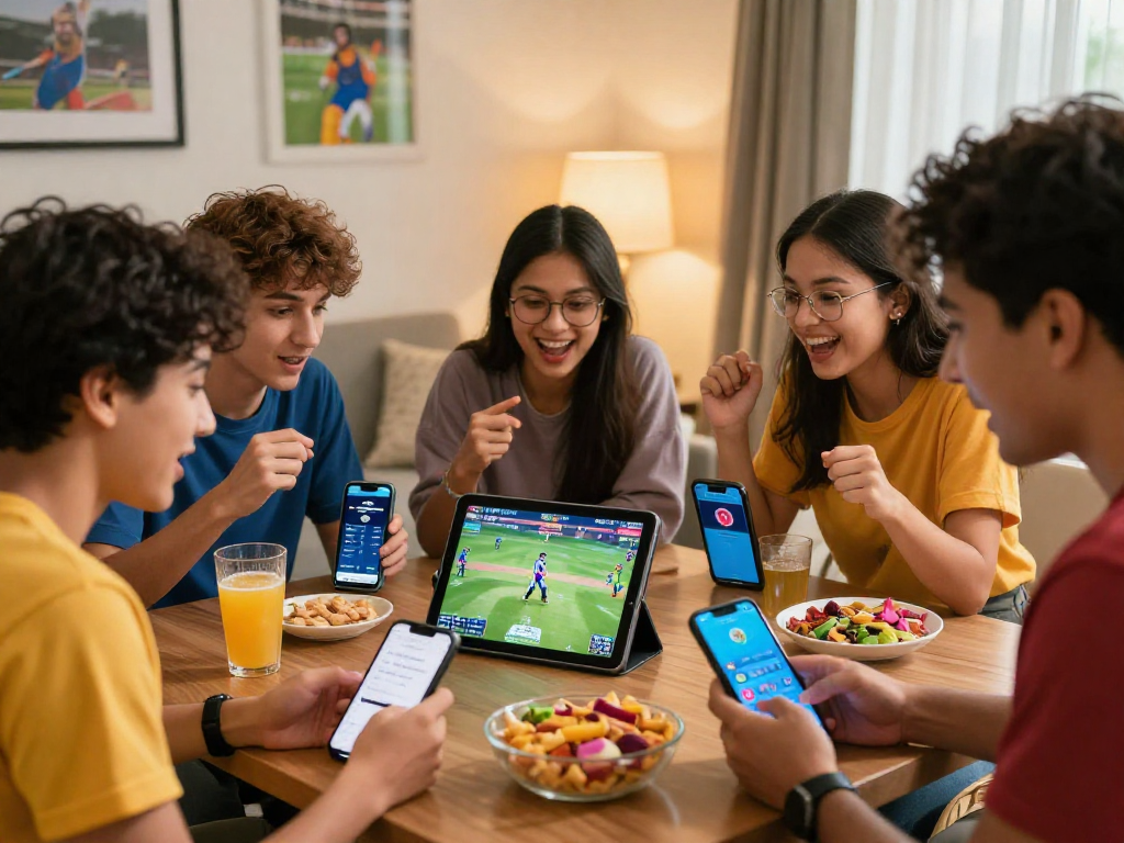 Friends enjoying a thrilling cricket match via the FairPlay app in a cozy living room.